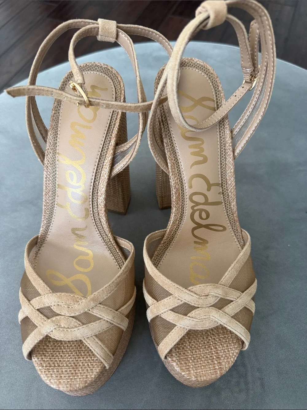 Sam Edelman Neutral Beige Woven Platform Sandals